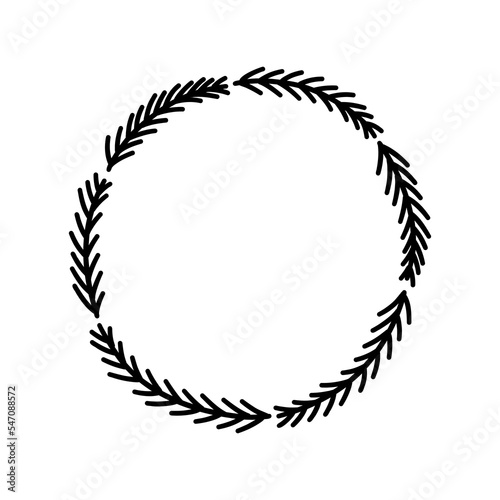 Simple round wreath of spruce twigs. Frame. Festive winter design element. Symbol of Christmas, decoration for new year. Black and white vector isolated illustration hand drawn doodle