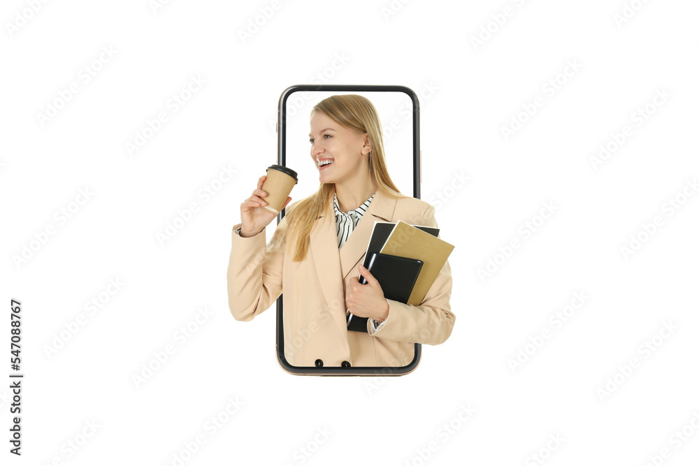 Phone with business woman isolated on white background Phone with business woman isolated on white background