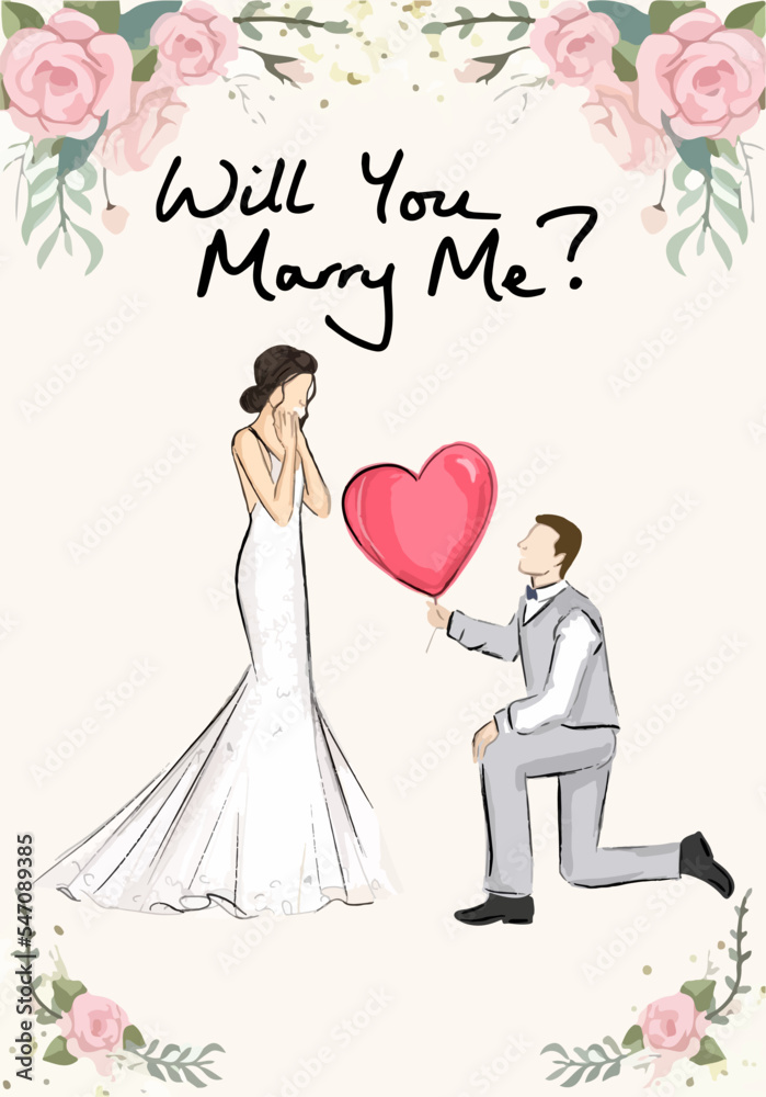 Will you marry me vector illustration for valentines day. watercolor people for wedding card. Man proposing to a woman standing on knee Will you marry me vector illustration for valentines day. watercolor people for wedding card. Man proposing to a woman standing on knee