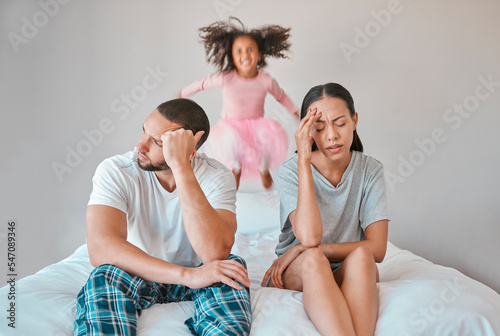Adhd, child and parents with headache, stress and anxiety for autism management, energy fatigue and home problem. Marriage, noise and frustrated, tired or chaos with mother, father and hyper fast kid