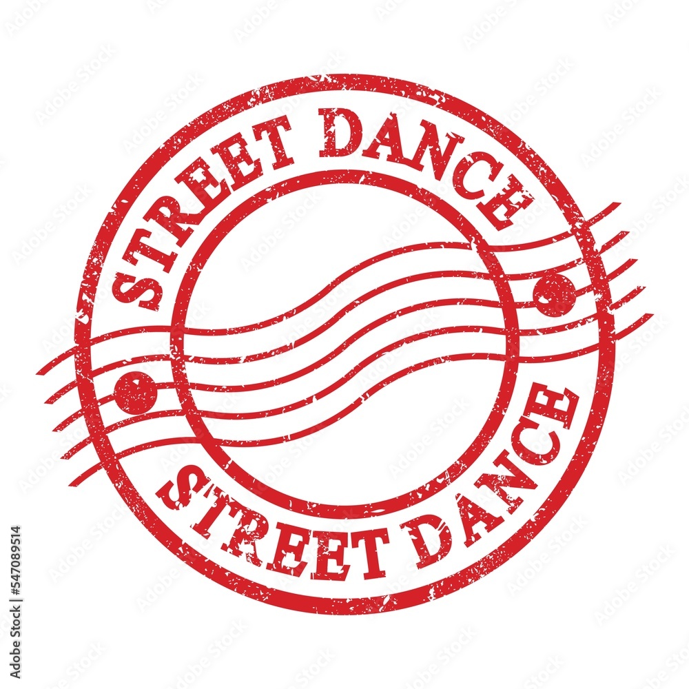 STREET DANCE, text written on red postal stamp. STREET DANCE, text written on red postal stamp.