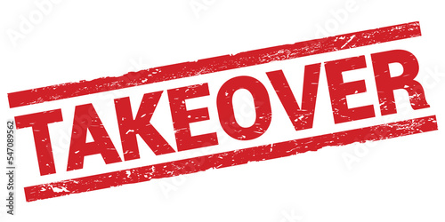 TAKEOVER text on red rectangle stamp sign.