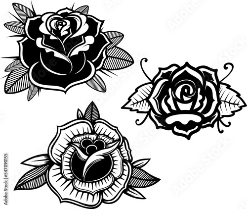 Set of illustrations of roses in tattoo style. Design element for poster, emblem, sign. Vector illustration