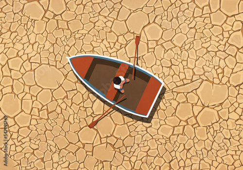Man sitting in rowboat on dry, cracked land
 photo