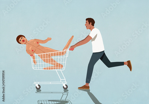 Man running, pushing inflatable sex doll in shopping cart
 photo