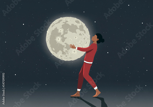 Woman in pajamas carrying bright full moon
 photo