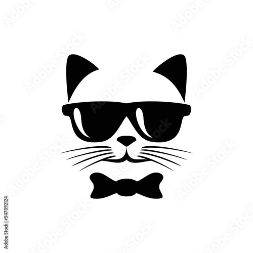 cat head silhouette logo design template. cat with glasses and ribbon icon, sign and symbol.
