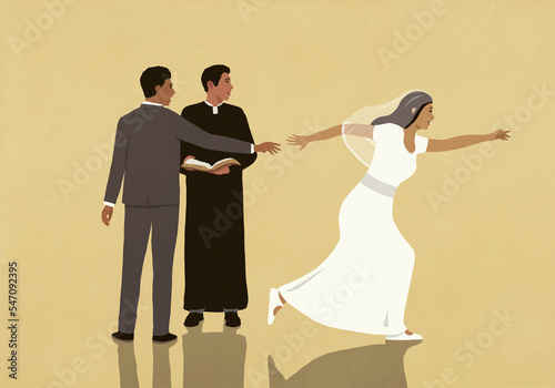 Priest and groom watching bride running away
 photo