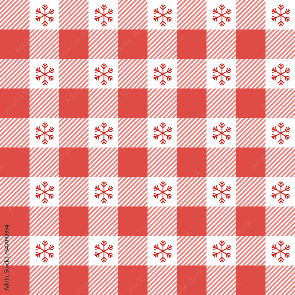 Checkered Christmas pattern with snowflakes. Seamless red gingham background. Scandinavian winter vichy backdrop. Vector holiday print Checkered Christmas pattern with snowflakes. Seamless red gingham background. Scandinavian winter vichy backdrop. Vector holiday print