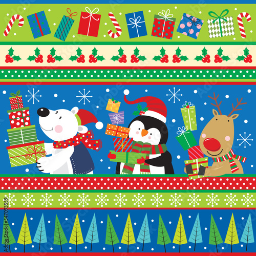 christmas card with polar bear, penguin, reindeer and border