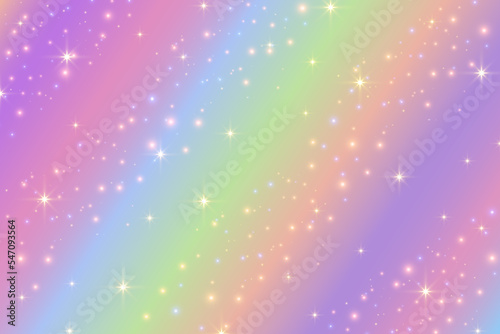 Rainbow fantasy background. Holographic illustration in pastel colors. Cute cartoon girly background. Bright multicolored sky with stars. Vector.