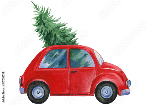 Hand drawn watercolor. Retro car with fir tree, holiday illustration. 