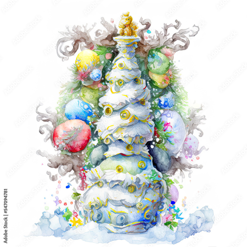 Abstract elegant Snow-Sculpture with Christmas Decoration, Watercolor Illustration isolated on white Background 