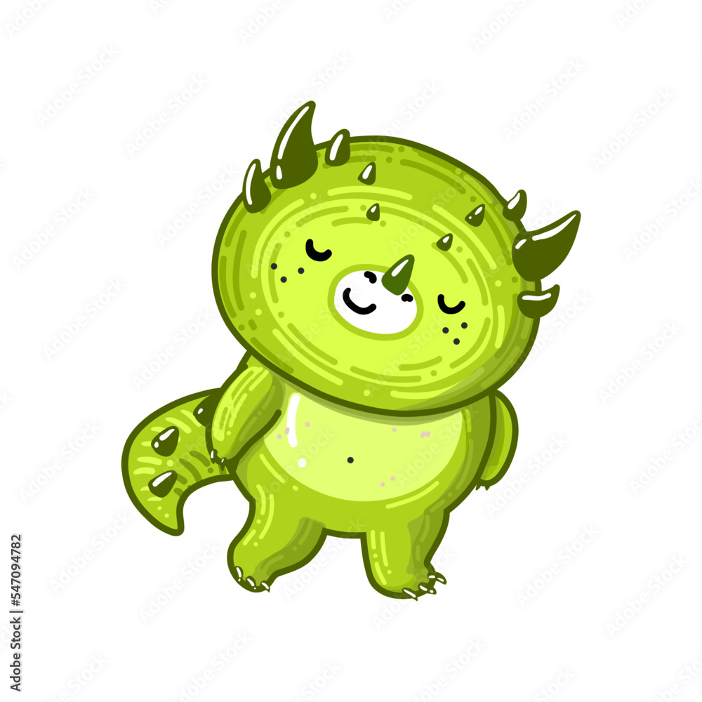 Fototapeta premium Adorable green character in carton style. Cute little dragon is dreaming about mythical world woth different creatures