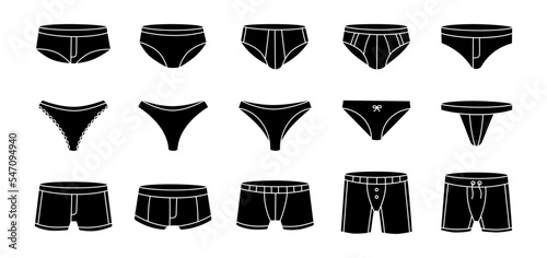 Underpants set. Female and male underpants. Personal underclothing apparel. Classic boxers, trunks, bikini, strings, thong. Black swimwear