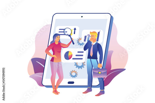 Business analysis violet gradient concept with people scene in the flat cartoon design. Two employees analyze business data in a large tablet. Vector illustration.
