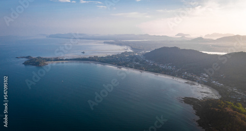 Aerial view of Long Beach at sunset, in Koh Lanta, Krabi, Thailand