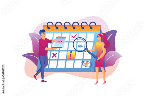 Business daily planning violet gradient concept with people scene in the flat cartoon style. Employees of a business company make a plan of events for the near future. Vector illustration.