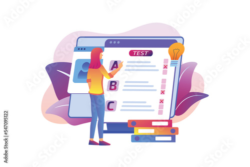 Online test education violet gradient concept with people scene in the flat cartoon design. Student takes an online test to improve her knowledge. Vector illustration.