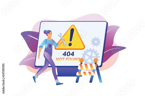 404 not found violet gradient concept with people scene in the flat cartoon design. Programmer is in a hurry to fix the error in the settings. Vector illustration.