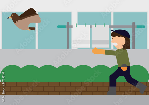 集合住宅で鷹匠の女性が作業（鷹を放つ）をしているイメージイラスト