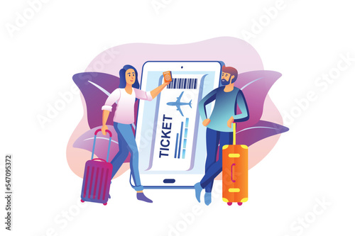 Travel violet gradient concept with people scene in the flat cartoon style. Young couple with electronic tickets is in hurry to rest. Vector illustration.