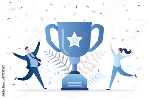 Businesspeople jump and celebrate near winner cup. Trophy, award ceremony. Employee recognition or proud workers of the month business. Winners of business competition. Happy managers.