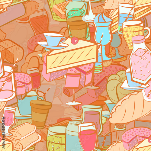 Background pattern abstract design texture. Seamless. Drinks and Bakery products. Theme is about Cup, glass, baklava, bottle, bubbles, cheesecake, wine, kvass, lemon, mini buns, common, citrus