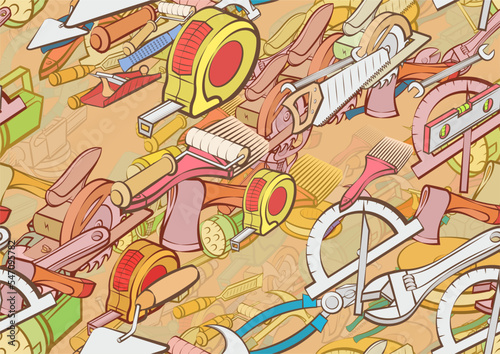 Background pattern abstract design texture. Seamless. Repair and Building tools. Theme is about compression, handle, sledgehammer, wiring, spins up, wedge, manufacturing, sawing, wooden handle