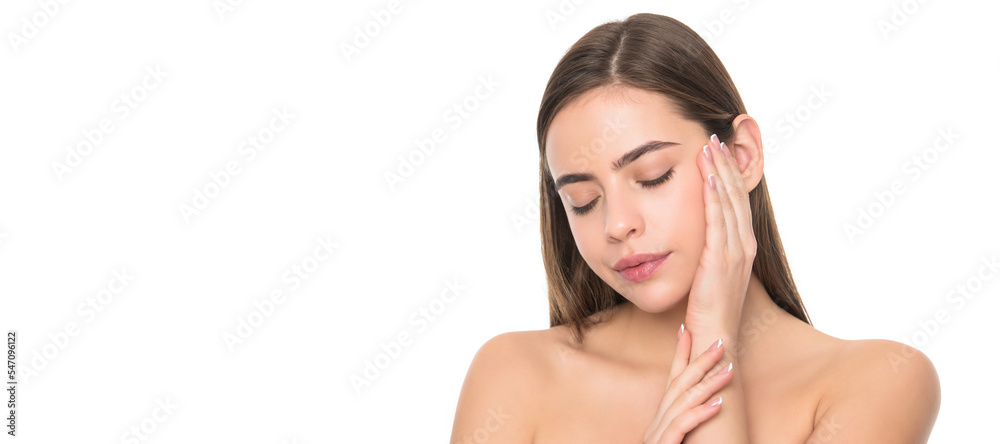 Woman beauty face, close up portrait, isolated banner with copy space. young girl touch smooth face skin isolated on white background, skincare. Woman beauty face, close up portrait, isolated banner with copy space. young girl touch smooth face skin isolated on white background, skincare.