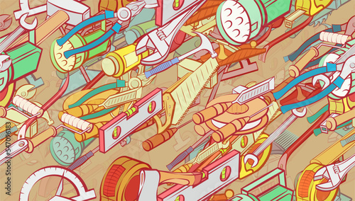 Background pattern abstract design texture. Seamless. Repair and Building tools. Theme is about lamp, spatula, plumbing, length, water pipes, stationary, hank, building level, wooden, spinning