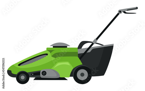 Lawn mower machine in green color. Trimming, pruning and cutting grass electric or petrol mower work tool for garden. Flat cartoon icon isolated on white background