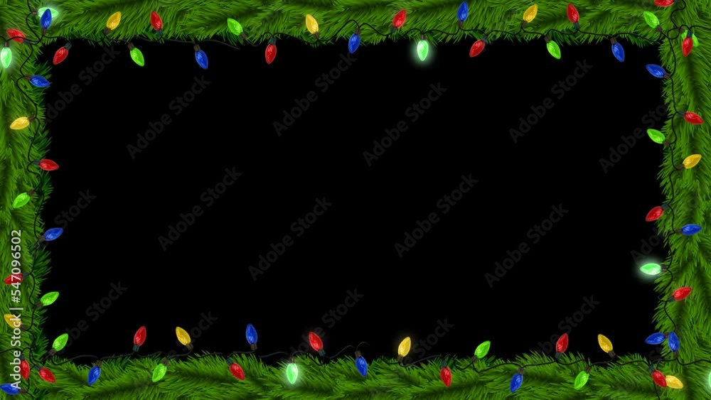 This stock motion graphics video shows a Christmas-themed frame with natural green garlands and twinkling lights.