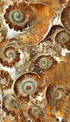 Abstract rock formations with detailed sandstone surface embedded ammonite fossil texture spiral patterns - macro closeup background resource. 