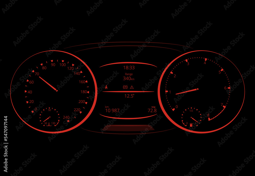 Realistic car dashboard speedometer and tachometer. Speed measure gauge. Motorbike or motorcycle speed indicator, counter on analog panel. Colorful infographic element