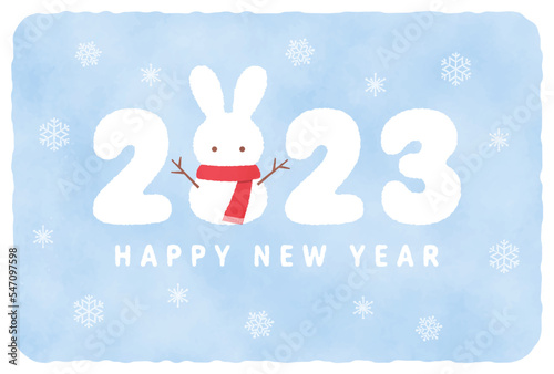 new years greeting card with a snowman of rabbit, the Chinese or Japanese zodiac sign for 2023