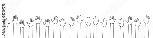 Hands raised up one line continuous drawing. Public opinion, user feedback continuous one line illustration. Vector minimalist linear illustration.