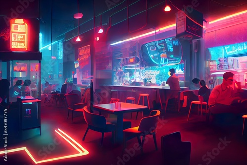 Cyberpunk restaurant interior design illustration