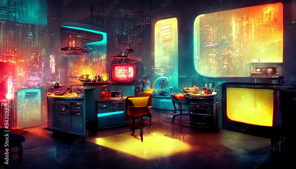 Fototapeta premium Synthwave kitchen interior design illustration 