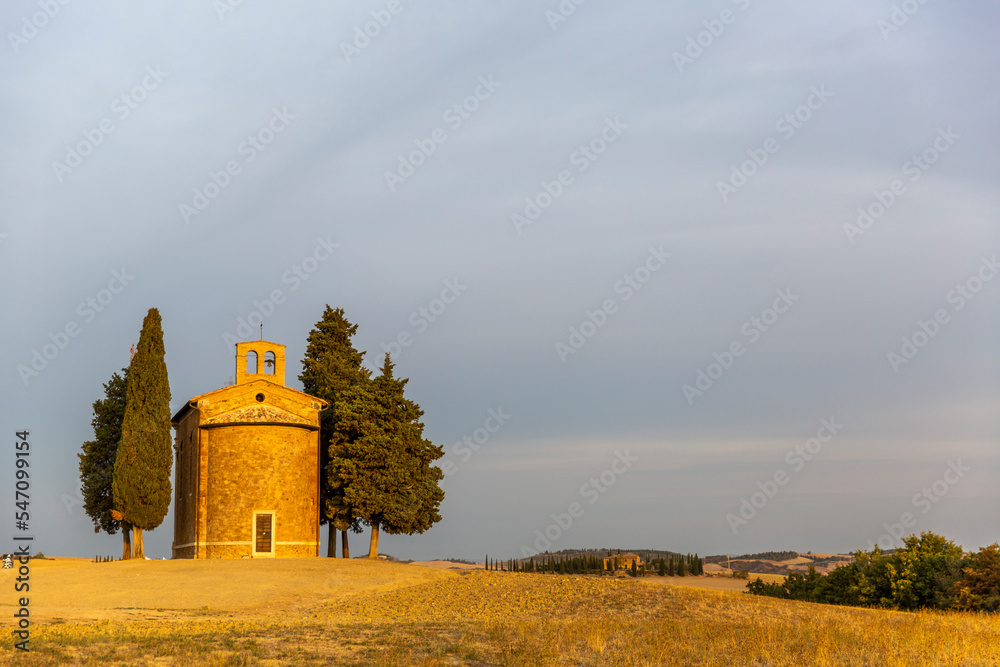 The beautiful tuscan Chapel of the Madonna di Vitaleta at sunrise
