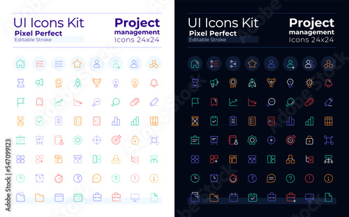 Project management pixel perfect color linear ui icons set for dark, light mode. Business plan. Outline isolated user interface elements collection. Editable stroke. Montserrat Bold, Light fonts used