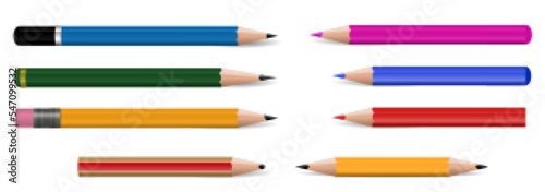 set of realistic pencils colored isolated on white or pencils school stationery with shavings concept. eps vector