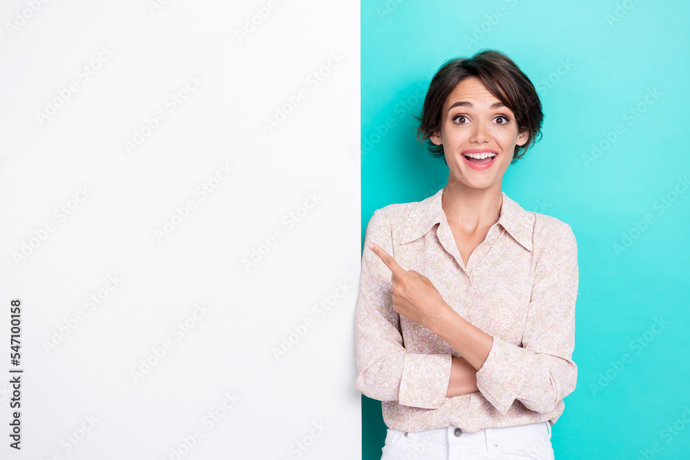 Photo of impressed bob hairdo lady indicate promo wear white shirt jeans isolated on turquoise color background Photo of impressed bob hairdo lady indicate promo wear white shirt jeans isolated on turquoise color background