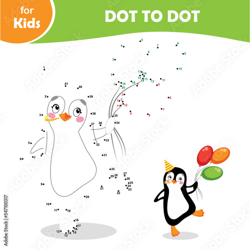 mini games for kids, dot to dot. Penguin, birthday style, with balloons