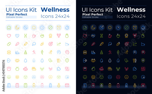 Health and fitness pixel perfect color linear ui icons set for dark, light mode. Workout. Outline isolated user interface elements collection. Editable stroke. Montserrat Bold, Light fonts used