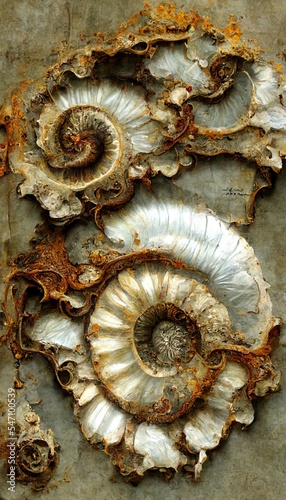 Abstract rock formations with detailed sandstone surface embedded ammonite fossil texture spiral patterns - macro closeup background resource.   © SoulMyst