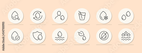 Drop of water set icon. Liquid, aqua, drinking, evaporation, slin care, thirst, tick, wave, drinking water. Save the water. Beverage concept. Pastel color background. Vector line icon