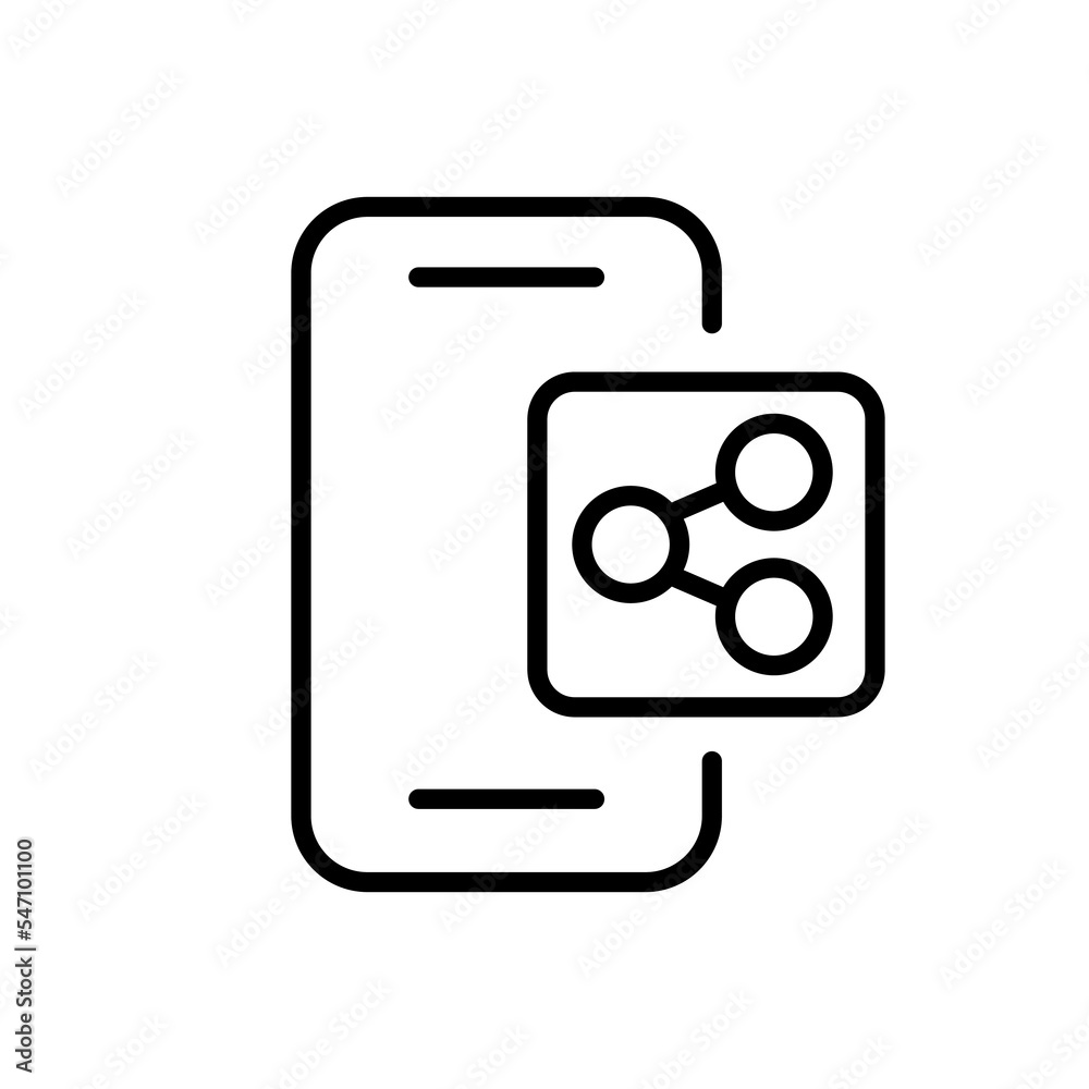 Phone share button line icon. Share, sent, deefback, rewiew, send a friend, refer a friend. Smartphone concept. Vector black line icon on a white background Phone share button line icon. Share, sent, deefback, rewiew, send a friend, refer a friend. Smartphone concept. Vector black line icon on a white background