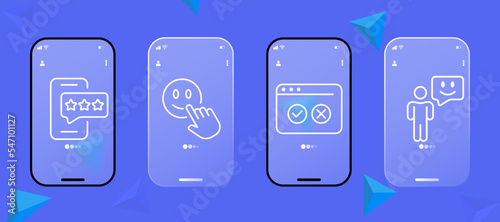 Feedback set icon. Emoticon, pointer, checkmark, star, like, heart, favorites, important, call back, comment, speechbubble, dialogue. Button for social network. Glassmorphism. UI phone app creen