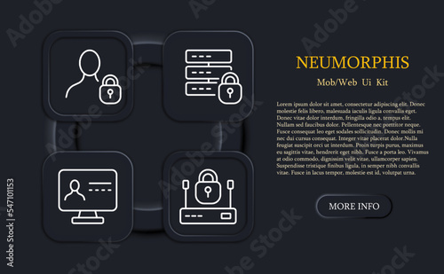 Private information set icon. Speech bubble, lock, shield, phone, computer, ssl, computer, letter, eye, password, cloud storage, document, hand, man. Privacy concept. Neomorphism
